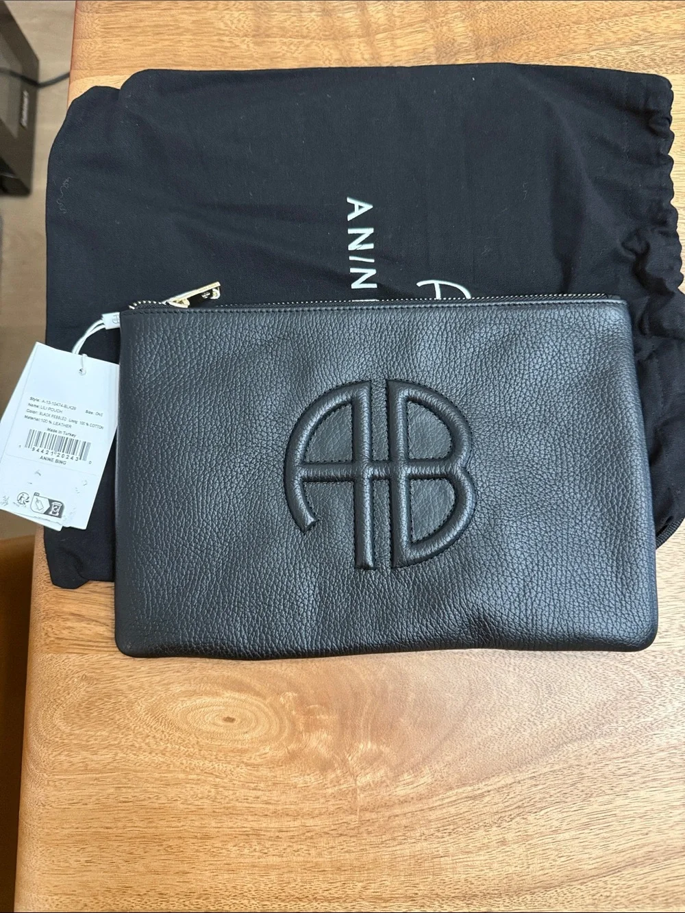 Anine Bing Black Pebbled Leather Logo Pouch - Picture 1 of 1